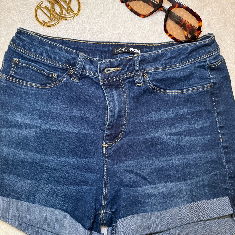 Fashion Nova Dark Blue Roll-Cuff Denim Shorts